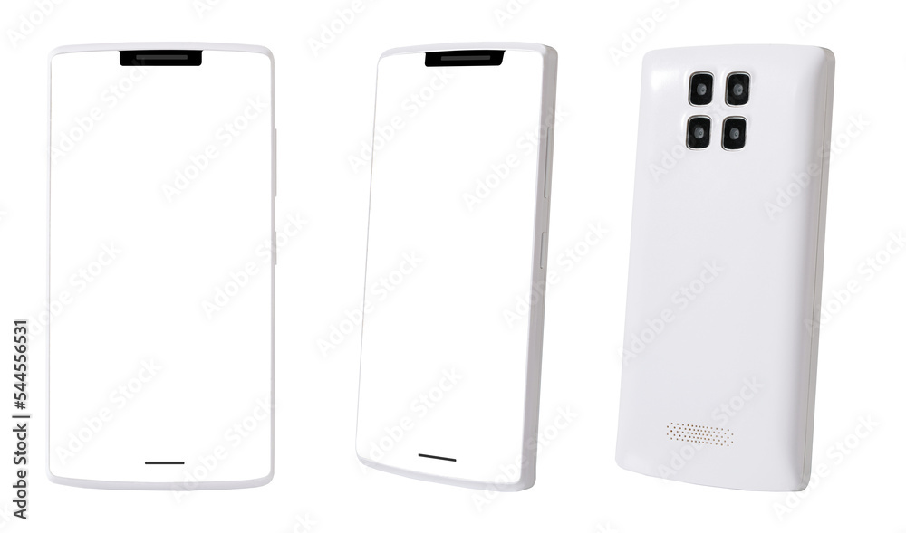 white blank screen android phone isolated on white front and back view
