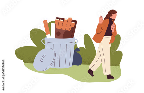 Quit, stop, giving up smoking concept. Person smoker rejecting, refusing, saying no to cigarettes, tobacco addiction. Nicotine rejection. Flat graphic vector illustration isolated on white background