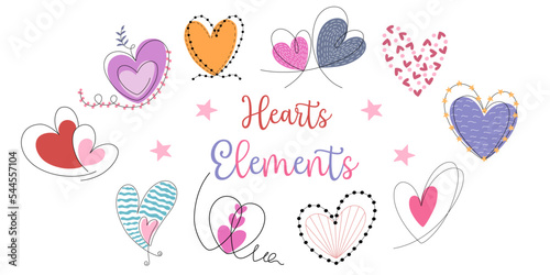 Hearts shaped elements vector set Designed in doodle style for decoration, sticker, digital printing, card design, Valentine's Day, gift and more.