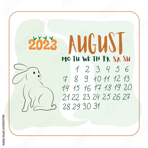 August 2023 with a rabbit in cartoon style, Calendar for August in cartoon style with cute Bunny, numbers 2023 in the form of carrots
