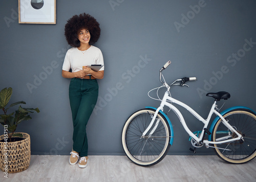woman, bicycle and tablet for advertising vision mock up on social media. Black girl, happy and digital networking online or digital marketing for bike ad placement on 5g web mobile app on ipad