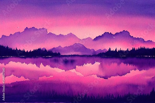 Watercolor hand painted scenery pink purple rose lake purple sky