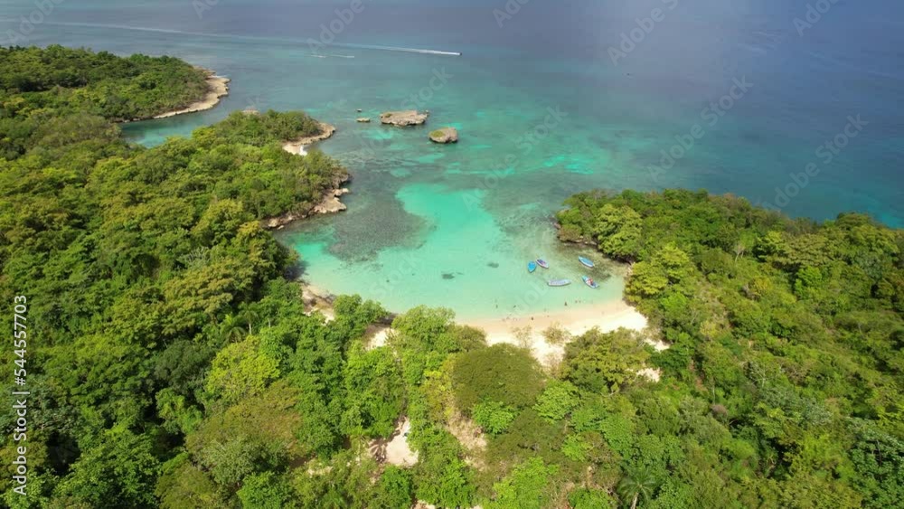 Caribbean touristic beach epic aerial view of the horizon and the sandy hidden beach, amazing water depth and color, tropical warm country Caribbean touristic beach epic aerial view of the horizon and the sandy hidden beach, amazing water depth and color, tropical warm country