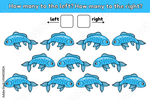 Math educational game for kids. Count how many fish are swimming right and left. Vector illustration.