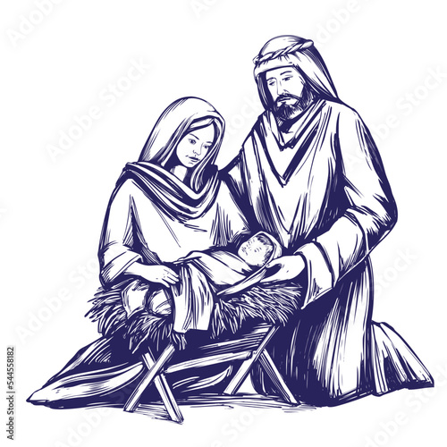Merry Christmas. Christmas story. Mary, Joseph and the baby Jesus, Son of God , symbol of Christianity hand drawn vector illustration