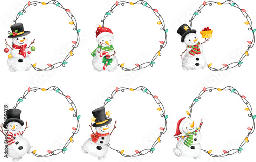 Watercolor Illustration set of Christmas light frame with Snowman