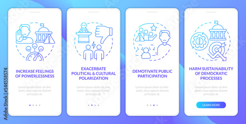 Conventional engagement troubles blue gradient onboarding mobile app screen. Walkthrough 4 steps graphic instructions with linear concepts. UI, UX, GUI template. Myriad Pro-Bold, Regular fonts used