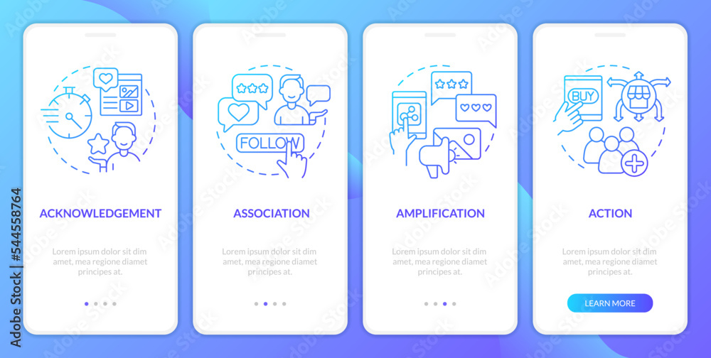 Types of social media interaction blue gradient onboarding mobile app screen. Walkthrough 4 steps graphic instructions with linear concepts. UI, UX, GUI template. Myriad Pro-Bold, Regular fonts used