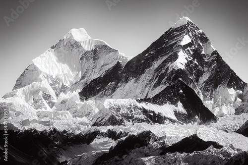 Black and white image of Thamserku mountain peak in Everest Region of Nepal photo