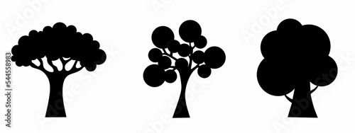 Set of black color tree icon illustration with various shapes. Stock vector design