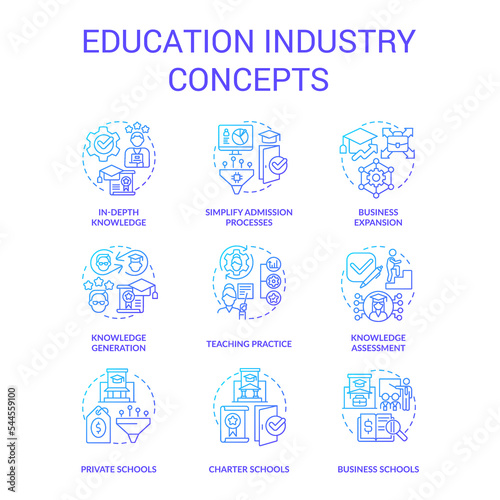 Education industry blue gradient concept icons set. Access to specific knowledge. Studying idea thin line color illustrations. Isolated symbols. Roboto-Medium, Myriad Pro-Bold fonts used