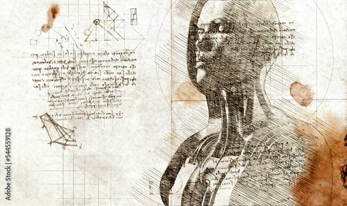 3d illustration - woman angel with wings drawing in style of Leonardo Da Vinci