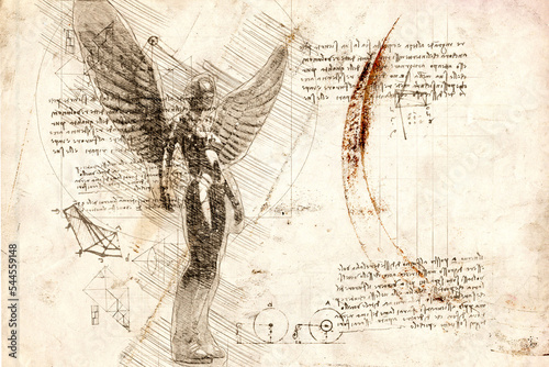 3d illustration - woman angel with wings drawing in style of Leonardo Da Vinci photo