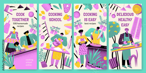 Set of vector banner templates for online cooking school. Master classes and recipes for tasty and healthy food.