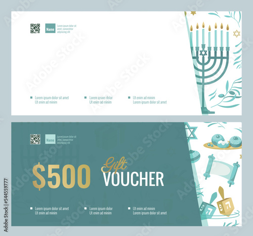 Happy Hanukkah Gift Voucher Coupon discount. Set of elegant gift certificate templates with holiday pattern. Shopping concept.  Vector flat illustration