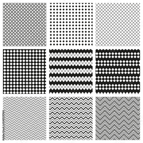 Set of simple geometrical seamless patterns in black and white. Vector illustrations for wallpaper, flyer, cover, banner, textile, fabric. Eps 10