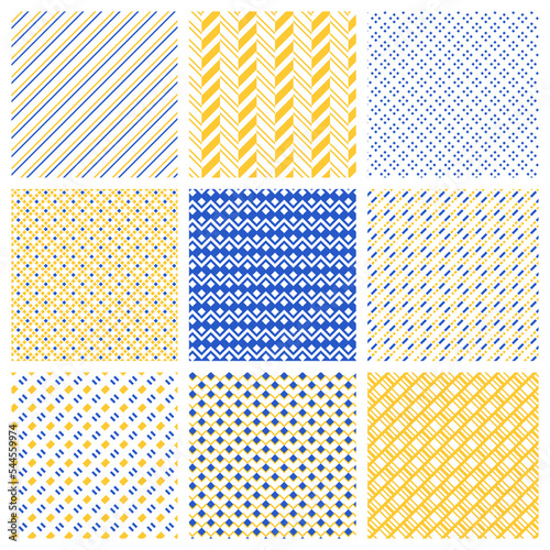 Set of geometrical seamless patterns in blue, yellow and white. Abstract vector illustration for wallpaper, fabric, textile, cover, banner. Eps 10