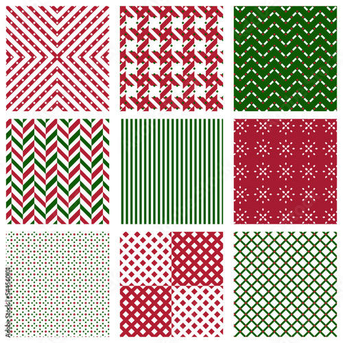 Set of Christmas seamless patterns in red, green and white. Holiday textures for wallpaper, web page background, wrapping paper. Eps 10