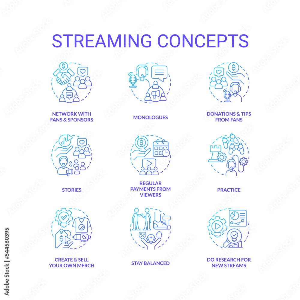 Streaming platform blue gradient concept icons set. Cyber sport streamer. Broadcast live videos idea thin line color illustrations. Isolated symbols. Roboto-Medium, Myriad Pro-Bold fonts used