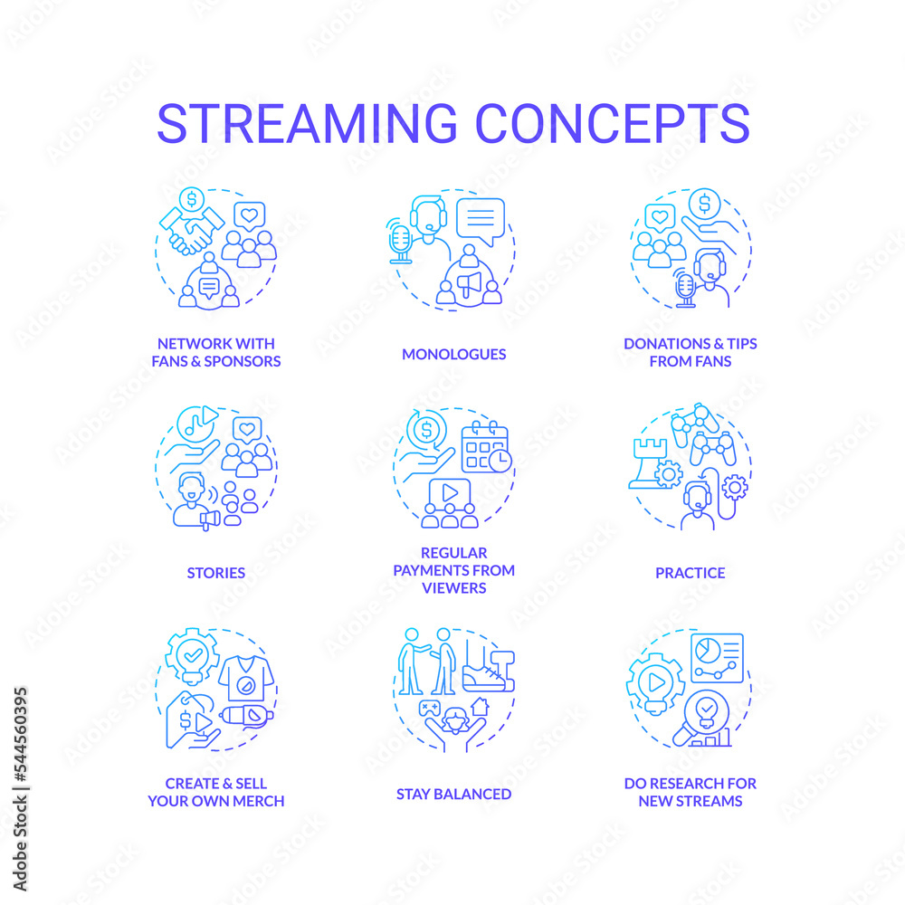 Streaming platform blue gradient concept icons set. Cyber sport streamer. Broadcast live videos idea thin line color illustrations. Isolated symbols. Roboto-Medium, Myriad Pro-Bold fonts used Streaming platform blue gradient concept icons set. Cyber sport streamer. Broadcast live videos idea thin line color illustrations. Isolated symbols. Roboto-Medium, Myriad Pro-Bold fonts used