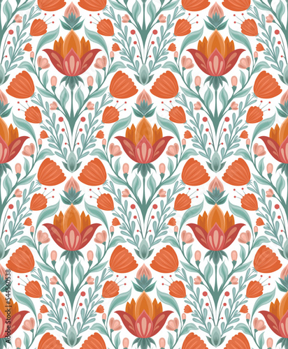 Vector folk art pattern with floral rhombus composition on white background. Botanical texture with decorative flowers in tile.