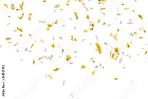 Flying gold silver shiny tinsel or confetti isolated png. Festive effect.