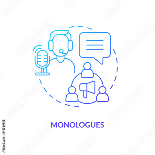 Monologues blue gradient concept icon. Digital audio content. Online broadcasting. Common podcast genre abstract idea thin line illustration. Isolated outline drawing. Myriad Pro-Bold font used