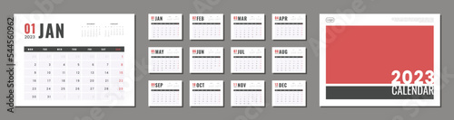 Set of 2023 Calendar Planner Template. Vector simple gray grid layout for wall or desk calendar with week start on Monday for print