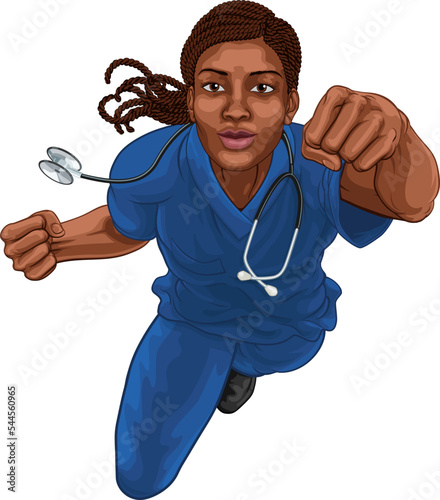 A super hero black woman doctor or nurse medical healthcare health professional in scrubs flying through the sky in a classic superhero pose