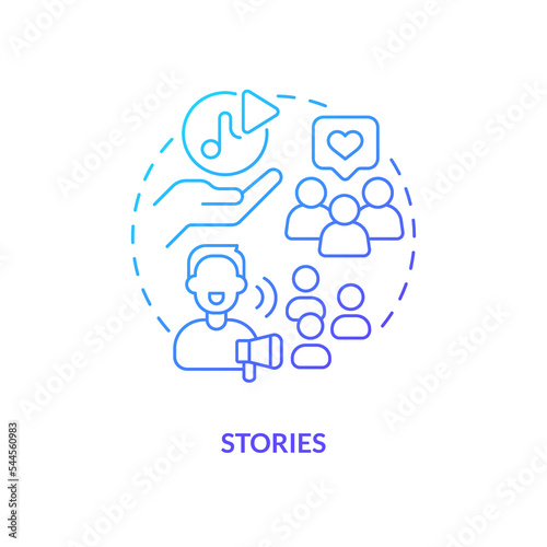 Stories blue gradient concept icon. Digital audio content. Online broadcasting. Common podcast genre abstract idea thin line illustration. Isolated outline drawing. Myriad Pro-Bold font used