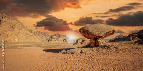 famous rock formation in the wadi rum desert.