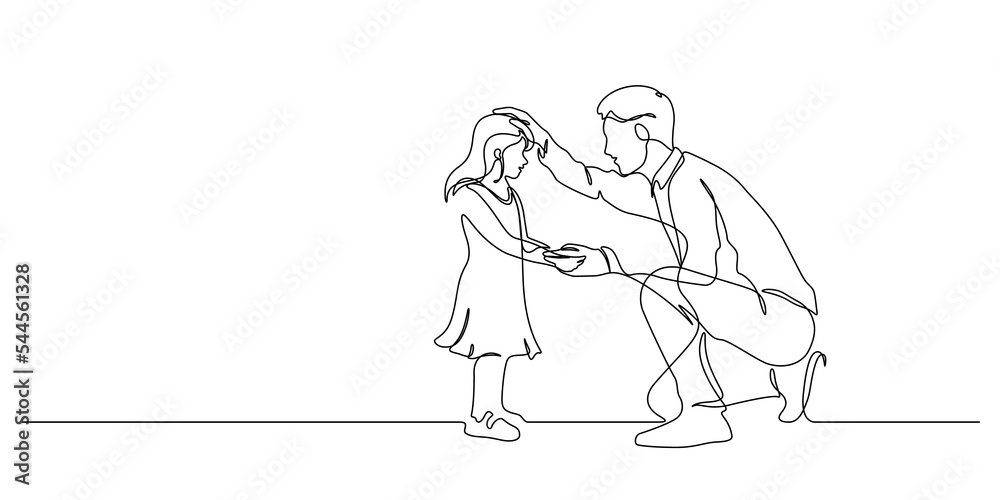 father kneeling and rub his daughter gently on head