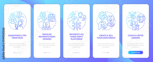 Make living as streamer blue gradient onboarding mobile app screen. Walkthrough 5 steps graphic instructions with linear concepts. UI, UX, GUI template. Myriad Pro-Bold, Regular fonts used