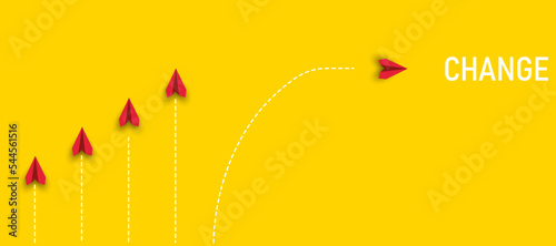 paper airplanes. red airplane changing path
It is moving towards change. business creativity new idea discovery innovation technology. new year idea concept.
