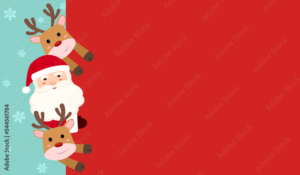 Fototapeta premium Merry Christmas happy new year banner vector illustration, Santa Claus and reindeers hiding behind blank red signboard, cute Christmas greeting card with copy space, Winter holiday celebration.