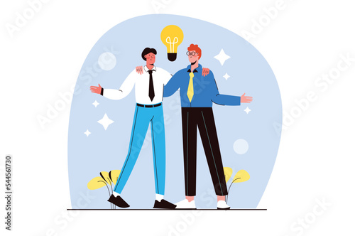 Business solution blue concept with people scene in the flat cartoon design. Two business partners made an important decision that will facilitate the company's work. Vector illustration.