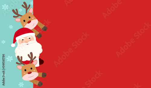 Merry Christmas happy new year banner vector illustration, Santa Claus and reindeers hiding behind blank red signboard, cute Christmas greeting card with copy space, Winter holiday celebration.