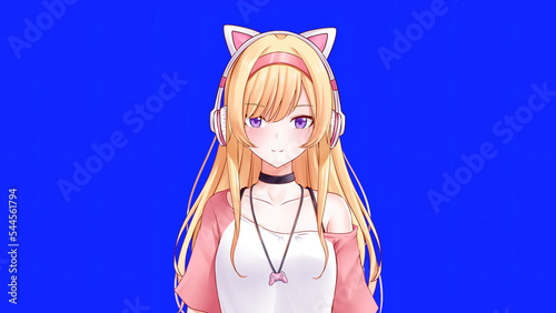 Anime girl Vtuber on blue screen interact with viewers, virtual template