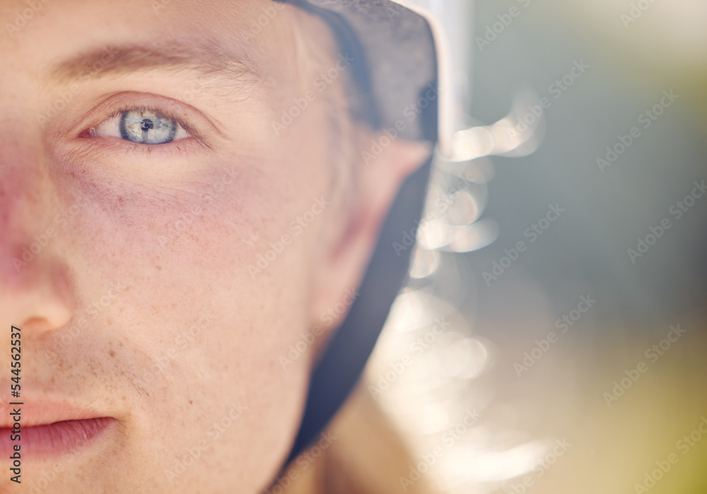 Man, eye closeup and face in nature for healthy skincare or exercise adventure. Young athlete, sports training motivation and facial wellness vision for focus mindset in outdoor bokeh background - obrazy, fototapety, plakaty 