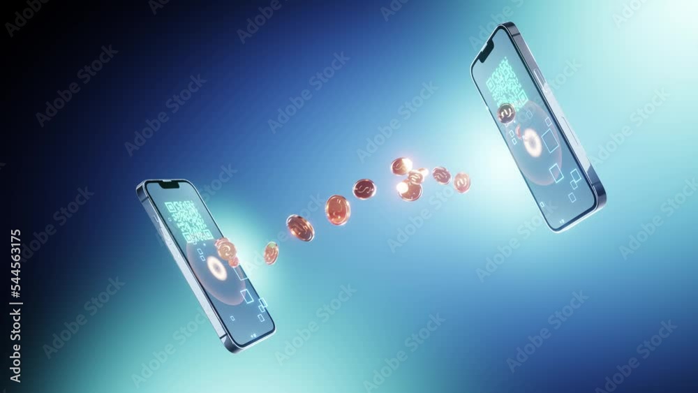 smart phone transfer money , gold coin move to mobile, Qr code Scan, blue background, dollar symbol