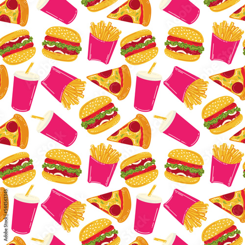 Seamless pattern with fast food. Hamburger, french fries, pizza and a drink in a paper cup. American street food in flat style. Vector illustration of a fast food cafe.