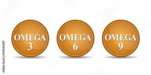 Vitamin Omega Three, Six And Nine Icons set. Omega 3, Omega 6, Omega 9.