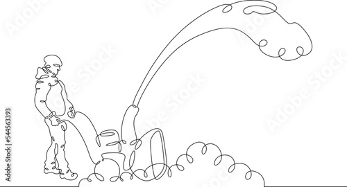 One continuous line. A man removes snow with a snow blower. Snow removal in winter.One continuous line on a white background.