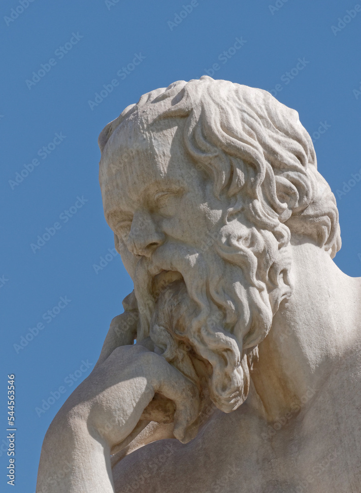 Socrates, the ancient Greek philosophers portrait, a detail of a marble statue. Culture travel in Athens, Greece.