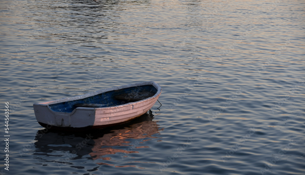Naklejka premium Small boat on the shore at sunset