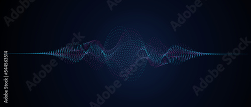 Flowing particles wave pattern blue and pink gradient color isolated on dark background with space for text. Vector abstract banner in concept of AI technology, science, music .