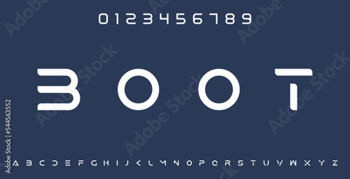 Modern tech font. Abstract geometric expanded sci-fi alphabet, clean monospaced letter set. Typography and technology vector illustration.