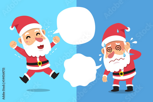 Cartoon santa claus expressing different emotions with speech bubbles for design.