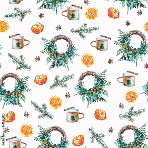 Seamless Christmas pattern watercolor holiday background with mandarins, wreathes, evergreen tree for giftpaper, textile, greeting cards, decorations photo