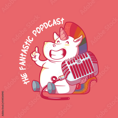 Unicorn character holding a vintage microphone vector illustration. Podcast, music, brand design concept.